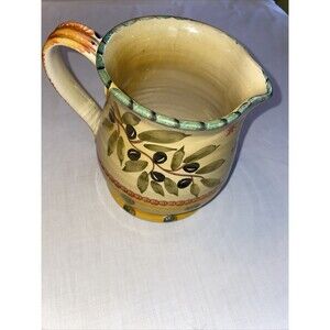 Italica ARS Pottery Pitcher 7” Tall 5” Wide Yellow Beige Olive Branch Handle
